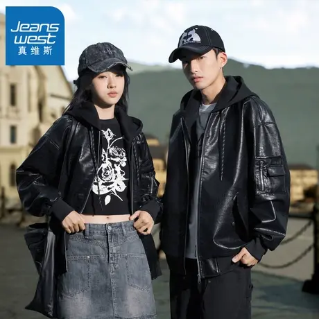 N5真维斯外套男2025秋季新款美式潮牌PU皮衣连帽假两件春秋装夹克图片