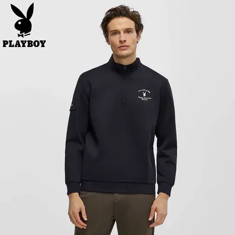 花花公子经典黑白色立领卫衣男款百搭休闲半拉链长袖上衣官方正品图片