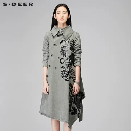 sdeer圣迪奥冬装抽象印花斜襟不规则长款风衣外套女S17481860图片