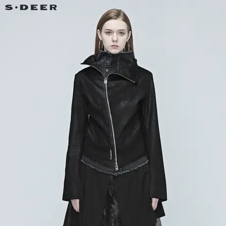 sdeer圣迪奥女装春装高领牛仔拼接短款黑色长袖机车外套S20382204图片