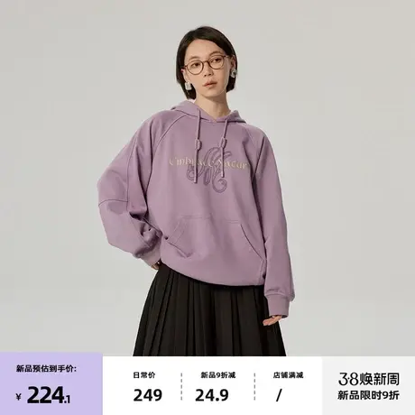 omont蛋挞家 复古印花连帽卫衣女春季紫色宽松慵懒休闲帽衫上衣商品大图