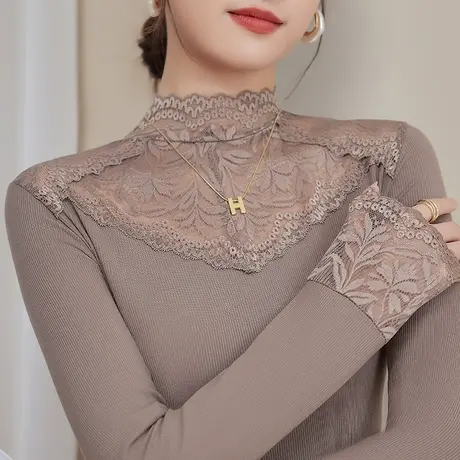 五公主高领打底衫女新款妈妈蕾丝小衫秋冬气质洋气内搭减龄上衣薄商品大图