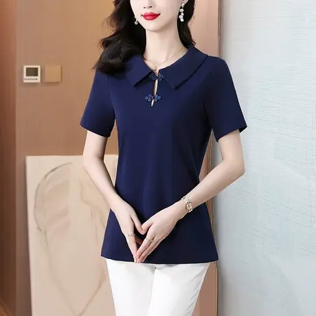 夏装中长款短袖纯棉t恤女2025新款时尚盘扣翻领宽松遮肚子女上衣商品大图