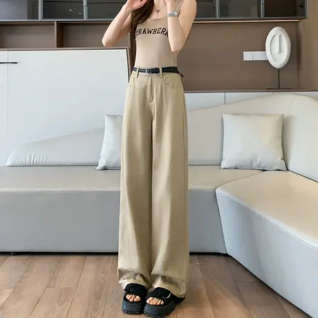 卡其色天丝牛仔裤女秋季新款2025新款高腰垂感显瘦窄版直筒阔腿裤商品大图