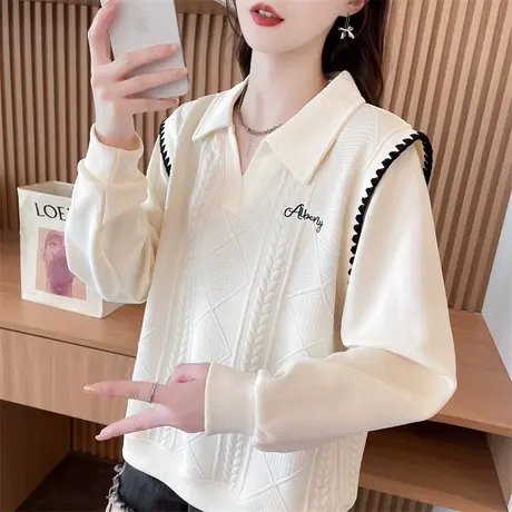 翻领polo衫卫衣女2024新款爆款秋冬季宽松加绒加厚小个子上衣外套商品大图
