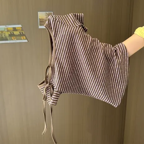 辣妹斜肩绑带设计感短袖T恤女夏季修身韩版设计感条纹露肩上衣潮商品大图