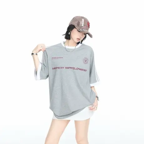 美式撞色三条杠印花短袖T恤女夏季潮牌凉感宽松休闲情侣半袖上衣商品大图