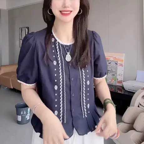 韩版时尚圆领刺绣短袖衬衫女2025夏季新款百搭蕾丝花边小衫上衣潮商品大图