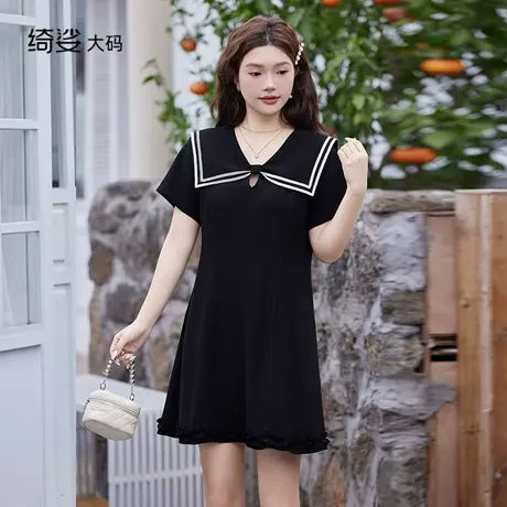 2025夏装新款宽松直筒遮肉显瘦百搭短袖学院风减龄木耳边连衣裙商品大图