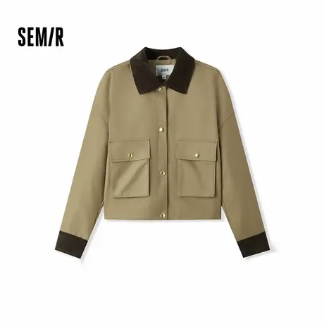 防护外套|森马外套女短款宽松落肩撞色灯芯绒翻领秋三防夹克复古图片