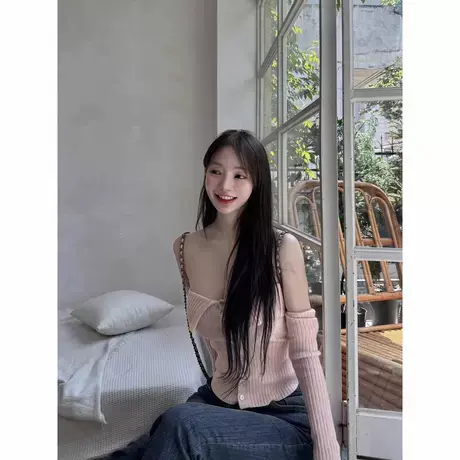 现货 东大门  韩国修身百搭竖纹针织衫露肩针织上衣套装图片