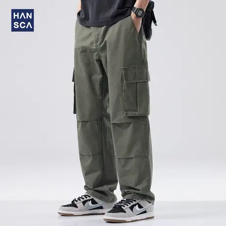 hansca复古工装休闲裤春季新款美式高街潮牌直筒宽松军绿色裤子男商品大图