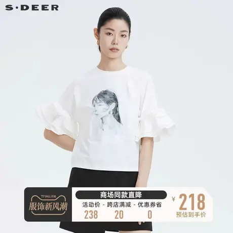 sdeer圣迪奥夏装休闲圆领人像印花抽褶花边短袖白色T恤S21280129🧑商品大图