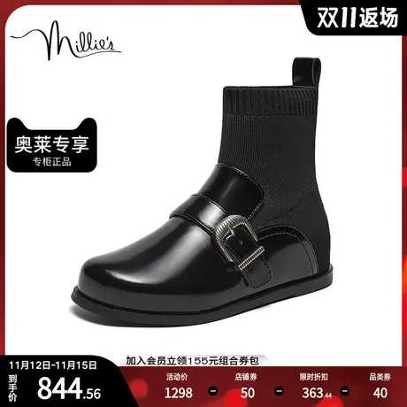 millie's妙丽2023冬新款简约百搭圆头粗跟短靴女时装靴2206BDD3商品大图