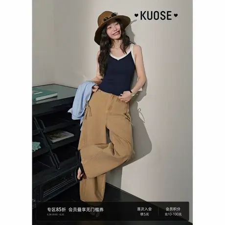 阔色黄色蝴蝶结弯刀牛仔裤女2025夏季新款垂感宽松直筒工装裤长裤商品大图