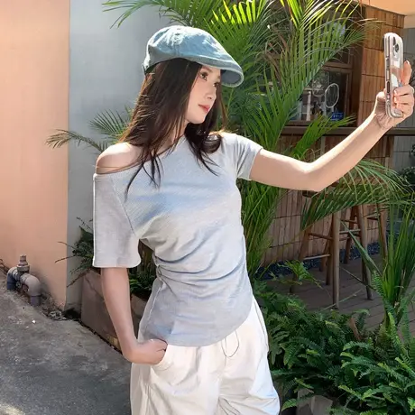 尔给夏季新款纯欲性感斜领两穿短袖收腰显瘦上衣女商品大图