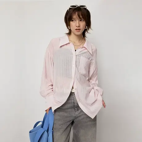 omont蛋挞家莱赛尔混纺轻薄物理防晒长袖衬衫夏粉色肌理宽松衬衣商品大图
