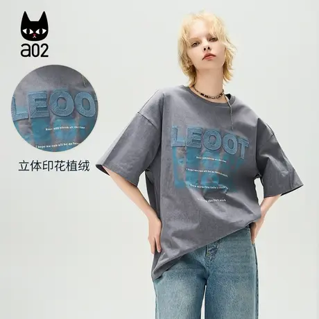 a02【ET自然系列】植绒印花短袖T恤女2025夏季新款宽松设计感上衣图片