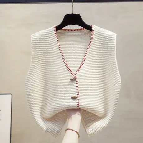 手工v领开衫针织马甲背心女2025春秋新款宽松外穿马夹毛衣坎肩潮商品大图