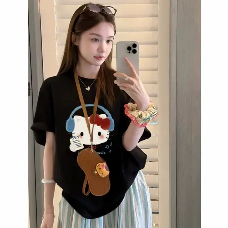 爆款t恤上衣kitty猫体恤潮牌2025新款中长款体恤衫小个子印花半袖商品大图