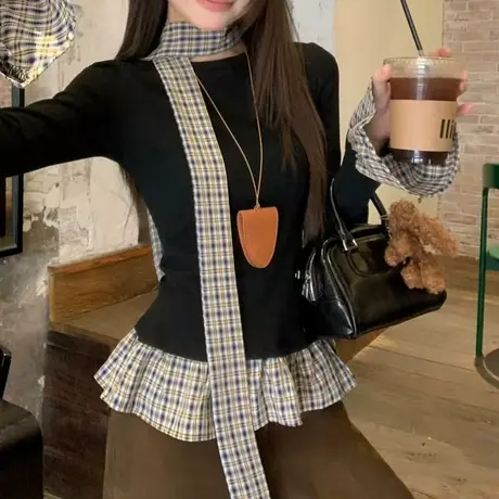 别致黑色假两件格子拼接长袖t恤2025春秋新款韩系修身显瘦内搭图片