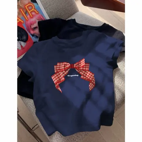 藏蓝色正肩短袖印花t恤女夏季新款小个子蝴蝶结修身显瘦短款上衣商品大图