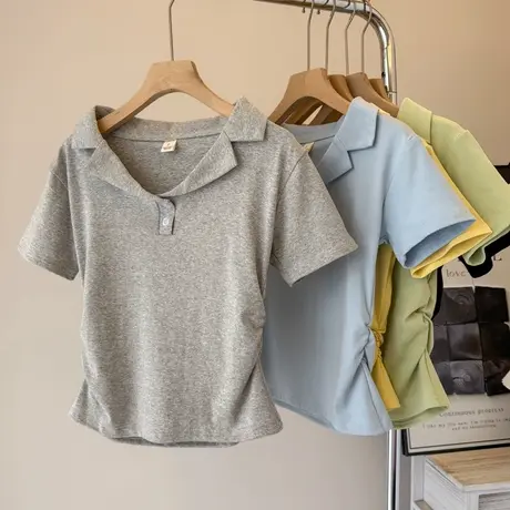 纯欲性感V领POLO衫短袖T恤女夏季韩版修身打底衫短款正肩内搭上衣图片