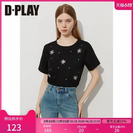 DPLAY2025年夏季新款黑色T恤女圆领正肩重工串珠钻饰流行上衣图片