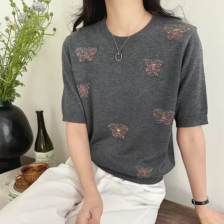 设计感蝴蝶提花针织短袖t恤女2025新款春夏薄款宽松显瘦打底上衣图片