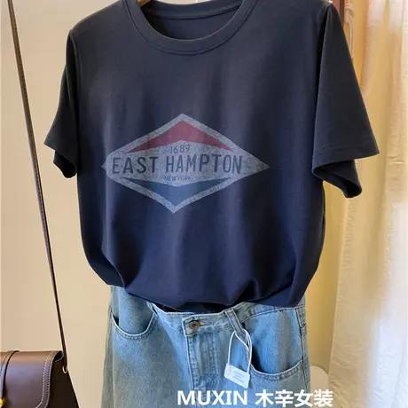 复古字母印花正肩基础款小个子夏季短袖微宽松T恤衫简约女式上衣商品大图