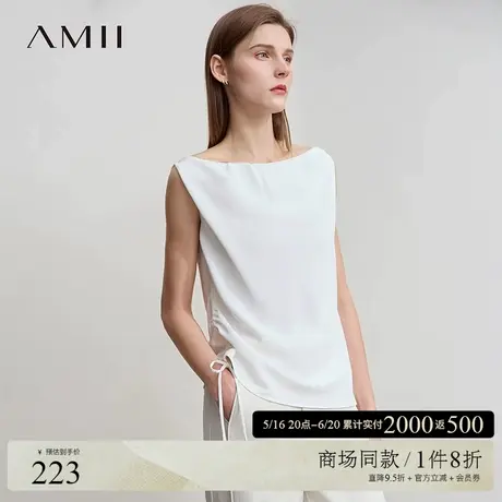 Amii2025夏新款法式一字肩荡领可调节抽绳绑带雪纺衫女无袖上衣商品大图