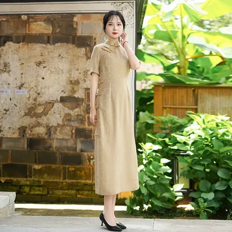 筠雅夏季新款杏色新中式国风旗袍裙年轻款端庄大气妈妈女装25R682商品大图