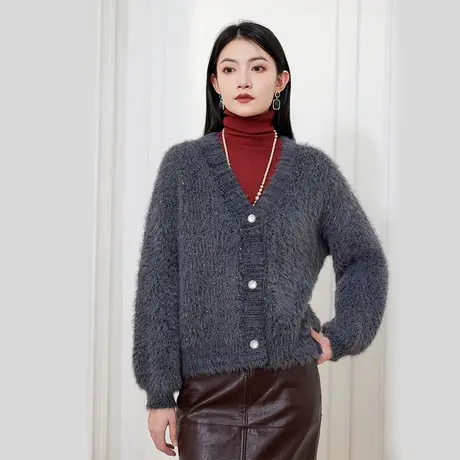 希区瑞普宽松亮片百搭气质秋感慵懒灰色温柔风软糯宽松短款针织衫图片