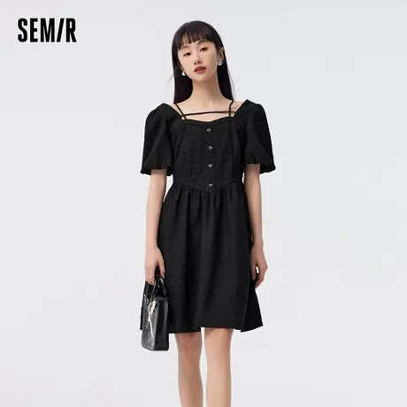 森马连衣裙女肌理泡泡袖白色裙子夏季时尚爱心小个子温柔方领短裙商品大图