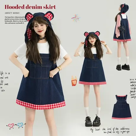 KEIKO [可卸帽] 减龄轻活风牛仔背带连衣裙早秋复古撞色显瘦短裙商品大图