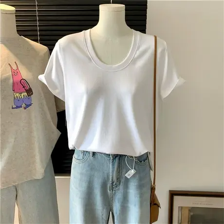 纯色U领正肩短袖T恤女夏季韩版宽松显瘦简约打底衫内搭可外穿上衣商品大图