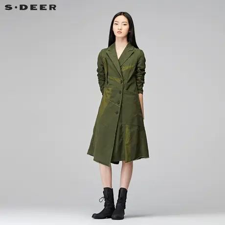 sdeer圣迪奥女冬装休闲简约裁剪拼接毛边装饰风衣外套S17481710图片