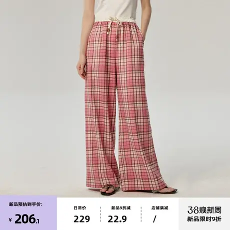 omont蛋挞家 复古撞色格纹裤子春季新款松紧腰直筒阔腿休闲裤商品大图