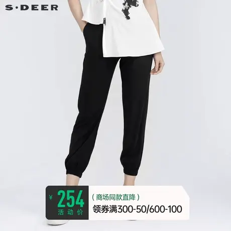 sdeer圣迪奥夏装运动松紧抽褶垂坠休闲束脚黑色长裤女S21280826🐆商品大图