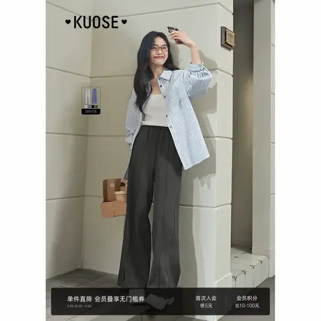 阔色灰色松弛垂感宽松阔腿休闲裤女2025夏季新款开叉高腰长裤子商品大图