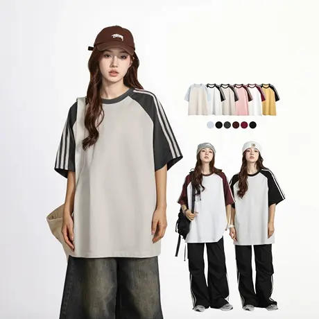 2025夏装新款纯棉拼色宽松T恤男女同款ins风潮牌短袖上衣6色可选图片