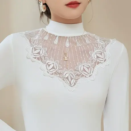 五公主蕾丝打底衫女新款秋冬妈妈高领小衫时尚洋气内搭减龄上衣薄商品大图