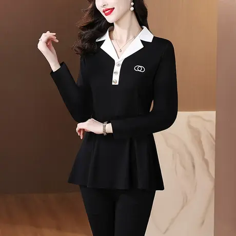 黑白撞色中长款打底衫女2025春秋新款洋气妈妈上衣遮肚显瘦小衫女商品大图