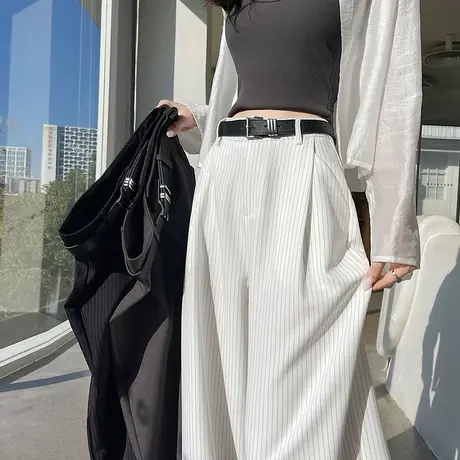 白色条纹西装阔腿裤女2025春季新款高腰显瘦垂感宽松休闲直筒长裤图片