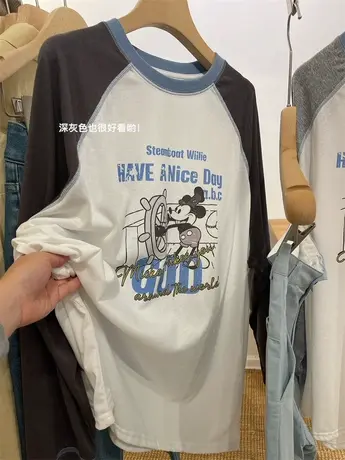 懒人一件套！柔软雪花棉卡通撞色插肩袖长袖T恤中长款度假防晒衣商品大图