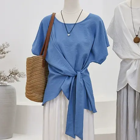 不对称收腰绑带圆领短袖衬衫女夏设计感小众休闲时髦显瘦小衫上衣商品大图