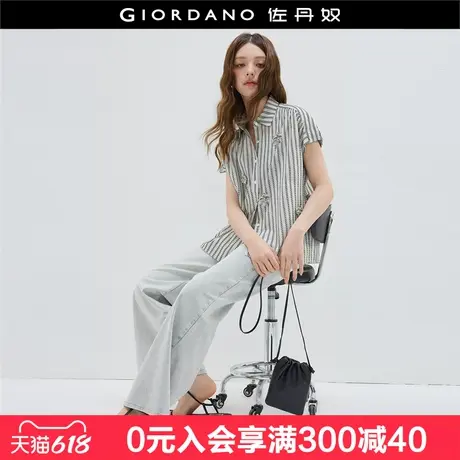 设计师款佐丹奴条纹衬衫女夏季新款立体贴花宽松短袖衬衫18345906图片