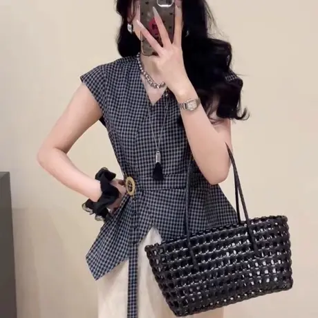 韩系不规则收腰格子衬衫女2025夏季新款时髦洋气百搭设计感上衣潮商品大图