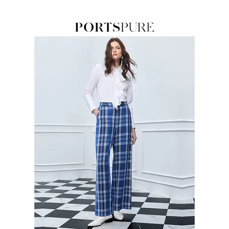 宝姿PORTSPURE女装2025夏季新品航海风智性蓝色格纹直筒西裤商品大图