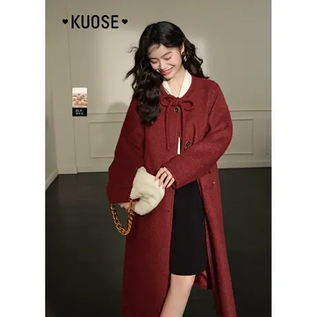 阔色红色中长款圆领毛呢外套女2024秋冬季慵懒宽松蝴蝶结呢子大衣图片